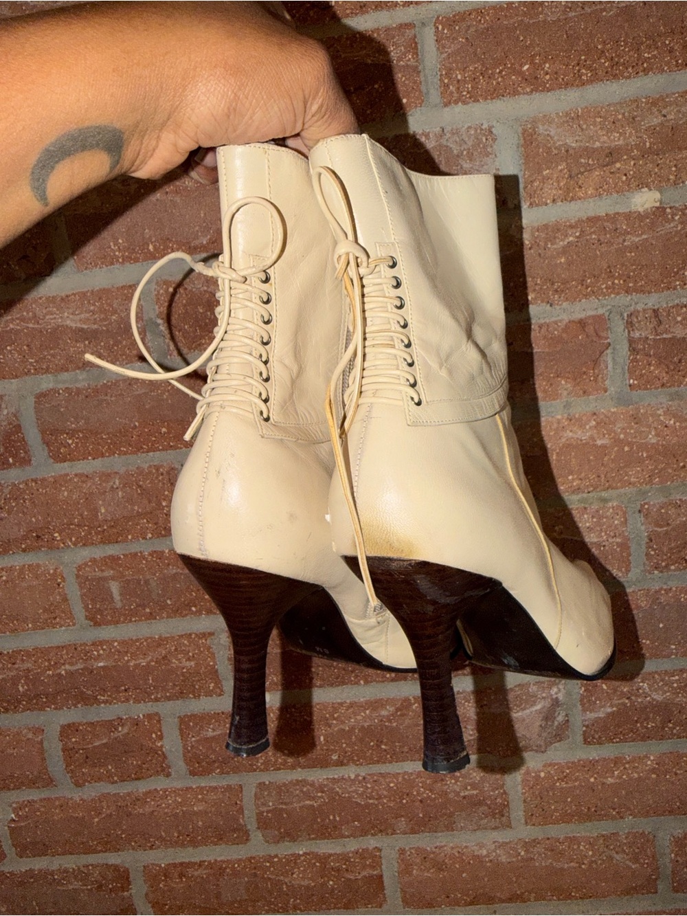 Women’s Cream Lace-Up Ankle Boots with Stacked Heel